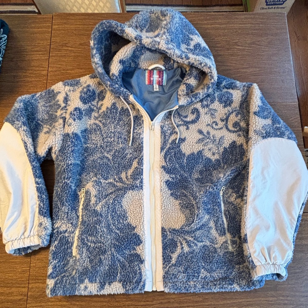 Men's Urban Outfitters Blue Printed Comfy Hoodie Sherpa Zip Up Jacket-Large-EUC
